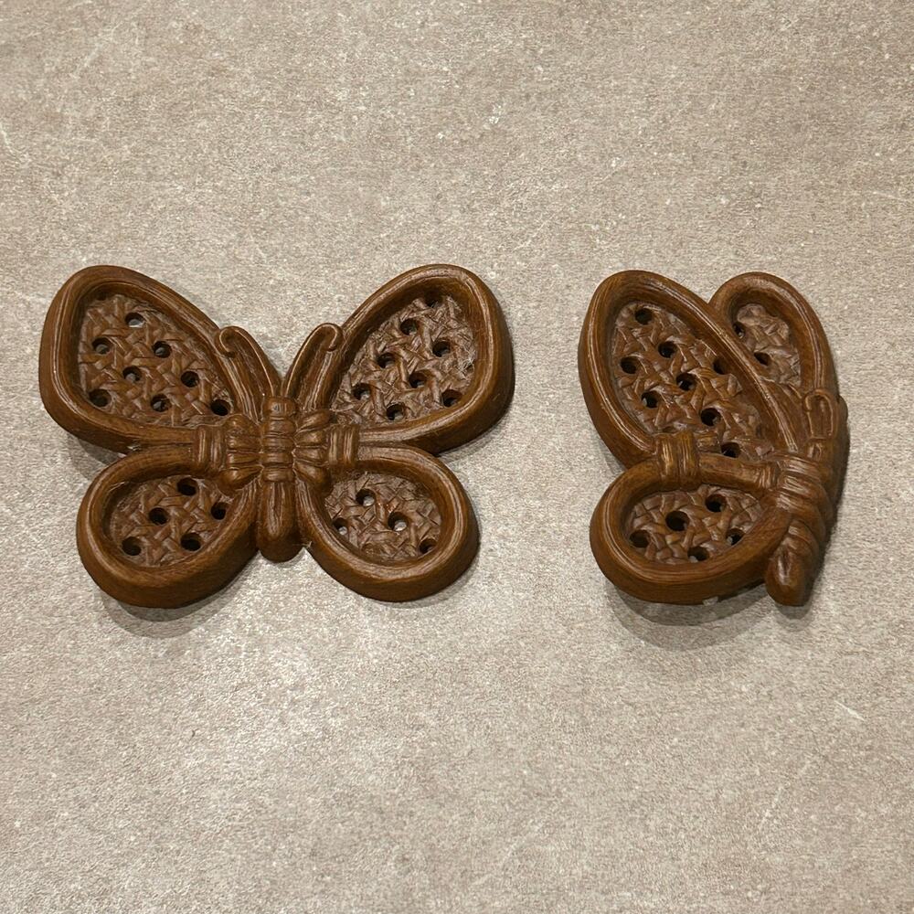 Vintage 70s Burwood Butterfly Wall Plaques Set 2 Faux Wicker Rattan Boho ^